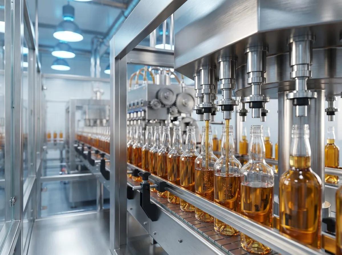 Modern spirits bottling line in operation