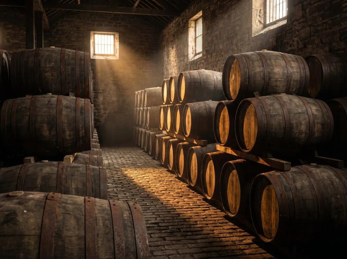 Oak whisky casks stacked in a bonded warehouse