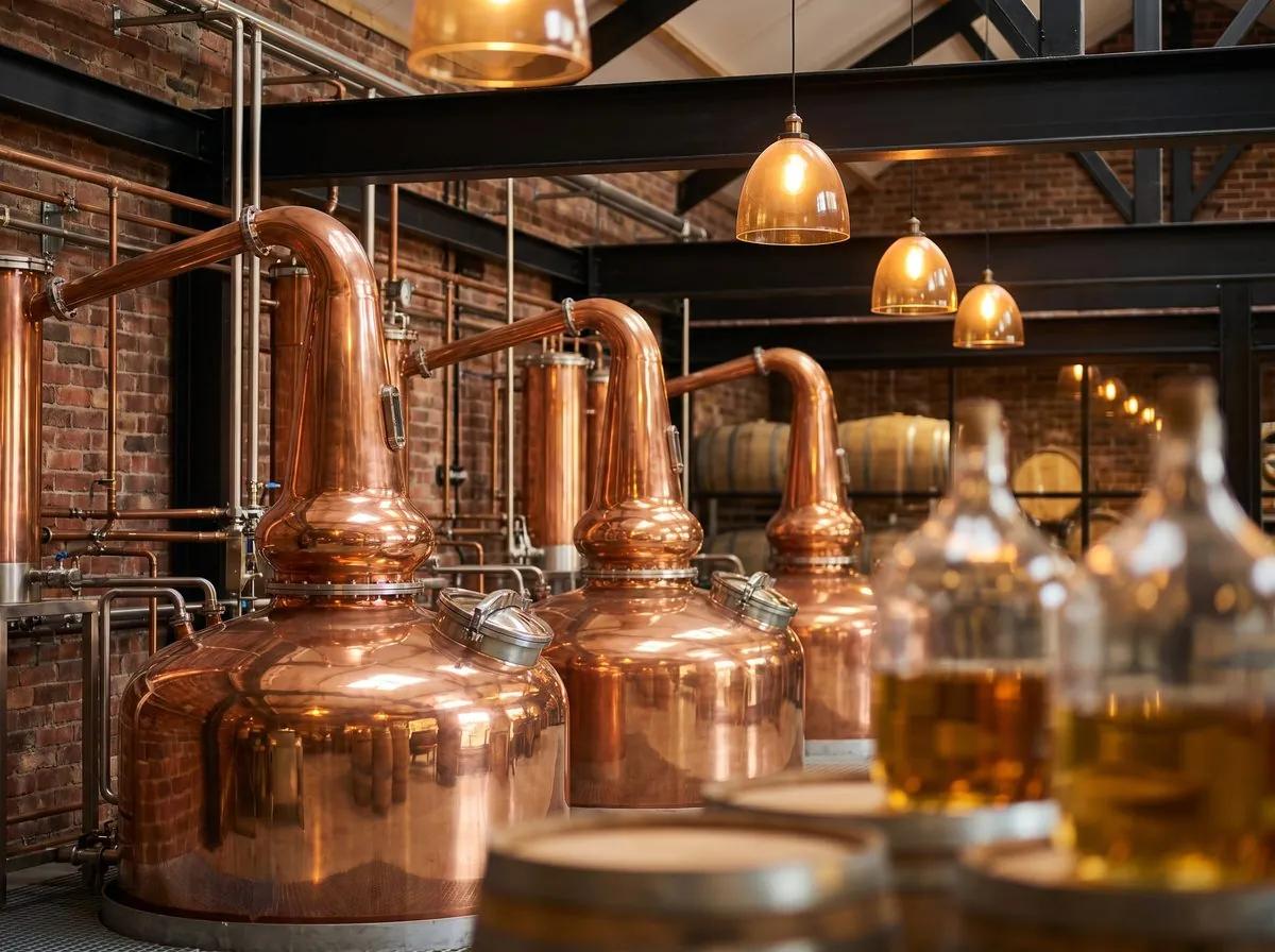 Copper pot stills inside a craft distillery